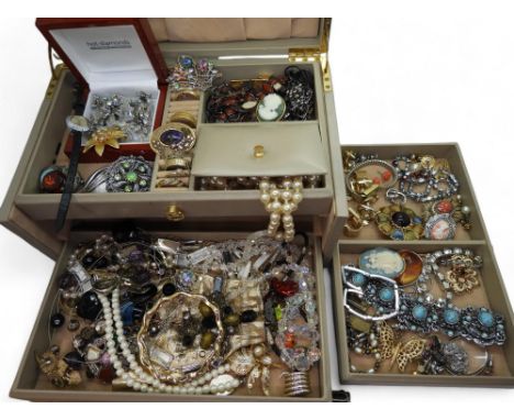 A jewellery box full of vintage costume jewellery to include items by Miracle, Spanish Toledo brooch, A ladies Milus retro wa