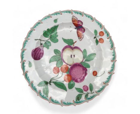 A Chelsea porcelain botanical plate, painted with fruits and a butterfly Condition Report:Available upon request