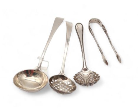 A collection of silver and EPNS including a ladle by George Adams, London 1868, a George III sifter ladle, 1782, a pair of su