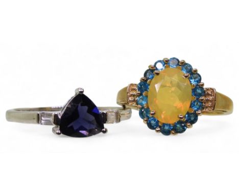 A Welo opal and neon apatite ring, size O, with point of sale tag, together with a 9ct gold Bengal iolite and white zircon ri
