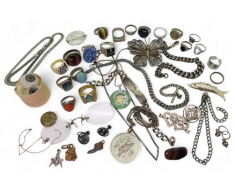 A Silver ring set with Opal, together with a collection of white metal and silver jewellery, including gem-set rings, a Mason