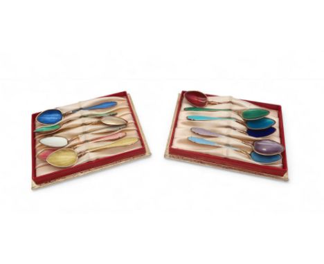 Two cased sets of Norwegian silver harlequin enamel demitasse spoons, by K. Hestenes, 131gms (2) Condition Report:Available u