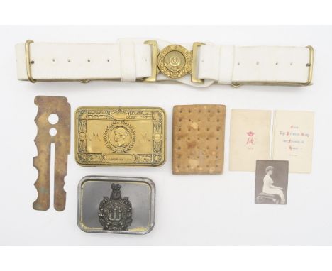 A WW1 Princess Mary Christmas 1914 tin, a period hardtack biscuit; together with a King's Own Scottish Borderers tobacco tin,