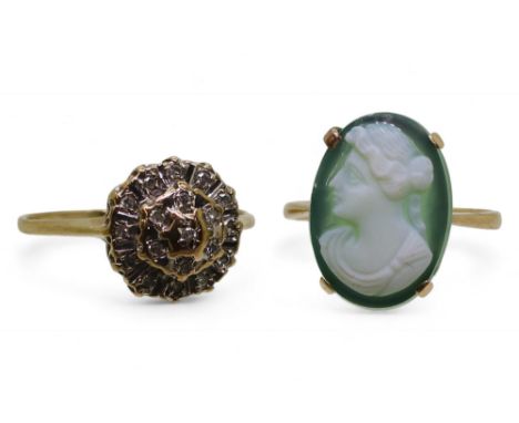 A 9ct gold ring mounted with a green agate cameo of a maiden, finger size M1/2, together with a 9ct gold illusion set diamond