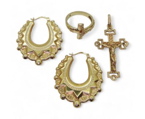 A pair of 9ct decorative hoop earring, a crucifix and matching ring, weight all together 9.1gms Condition Report:Available up