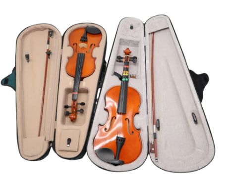 One Antoni 1/2 size violin, model: AXL32 and a 3/4 size student's violin, both with associated bow and hardcase Condition Rep