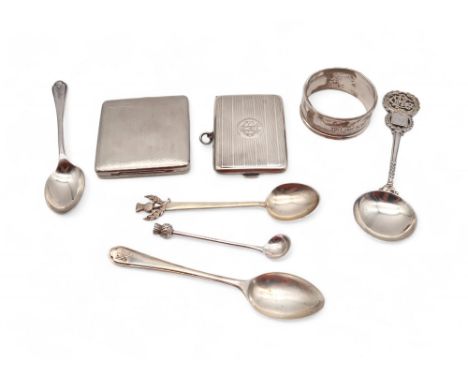A collection of silver including a Dubarry compact, a silver matchbox holder, by William Neale Ltd, Birmingham, a silver napk