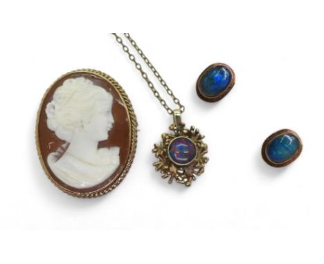 A yellow metal opal pendant on a gold plated chain, together with a pair of 9ct opal earrings and a 9ct gold mounted cameo br