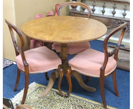 A lot comprising a circular topped tilt top breakfast table on tripod base, 72cm high x 91cm diameter and three balloon back 