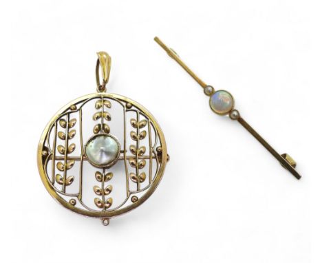 An Edwardian 9ct pendant brooch, set with a blister pearl weight 2.7gms, together with a 15ct gold opal and pearl bar brooch,