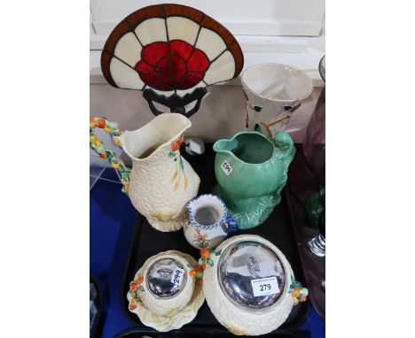 Clarice Cliff Celtic Harvest jug, preserve pot, biscuit barrel, small dish, Art Deco style lady lamp and other items Conditio