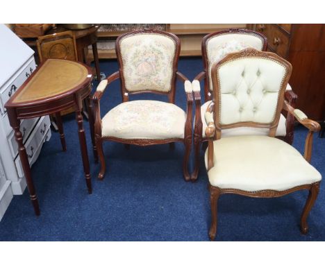 A lot comprising a pair of reproduction floral tapestry upholstered parlour armchairs, another button back upholstered parlou
