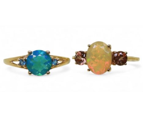 A 9ct gold turquoise Ethiopian opal and neon apatite ring, size Q, from the Jacque Christie collection, with point of sale ta