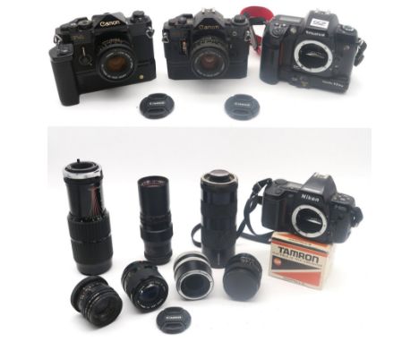 Canon A-1 and F-1 cameras, each fitted with an FD 50mm 1:1.8 lens; Fujifilm Finepix S1 Pro and Nikon F-801s camera bodies; a 