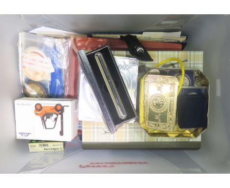A large mixed lot, to include a pair of Hiatt police handcuffs, a Wrenn 00-gauge B.R. railway locomotive and tender, reproduc