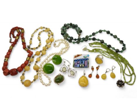A coral bead statement necklace, New Zealand green stone earrings and brooch, a faceted green hardstone bead necklace, silver