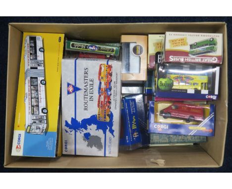 A large quantity of packaged diecast model vehicles, particularly trams and buses, with Corgi Classics and Original Omnibus e