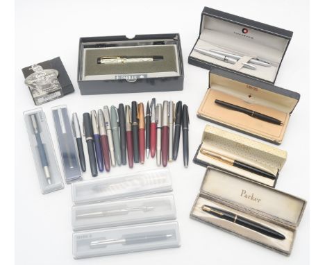 A collection of pens, to include a vintage Parker Senior Duofold example, a Burnham No. 55 fountain pen, a boxed modern Parke