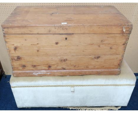 A lot comprising a 20th century green velour button upholstered ottoman, 47cm high x 118cm wide x 58cm deep and a pitch pine 