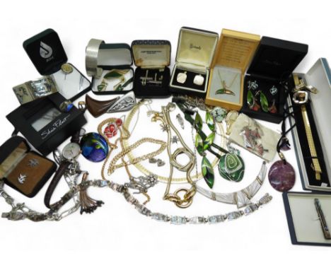 A collection of silver and costume jewellery to include two&nbsp; Sheila Fleet jewels, snowdrop earrings, sky enamel 'Wing' r