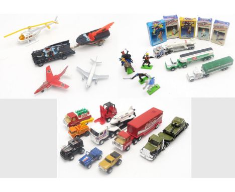 A collection of vintage toys, to include a Corgi Batman Batmobile and Batboat, three various Buddy trucks, Playmobil figures 