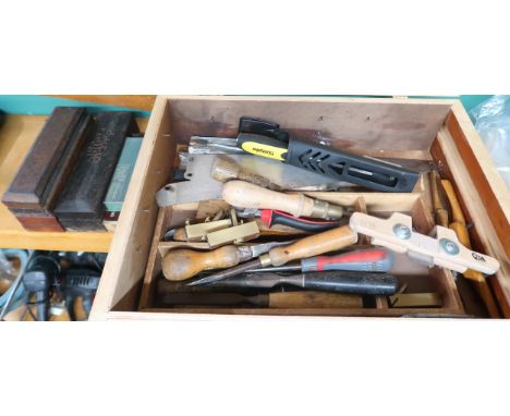 A box containing assorted chisels, hand tools etc and six assorted sharpening stones Condition Report:Available upon request
