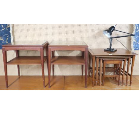 A lot comprising a pair of mid 20th century teak two tier side tables, nest of three tables and a stepped base Anglepoise des