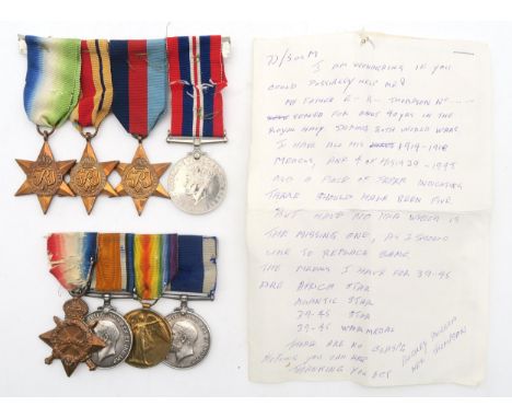 A WW1 medal group of four awarded K.17471 E.R. Thompson Sto. 1. R.N., comprising 1914-15 Star, British War Medal, Victory Med