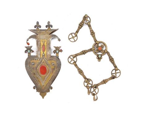 dating: Mid 19th Century provenance: Asia, A silver pendant, engraved and gilded, decorated with red stones and turquoises. T