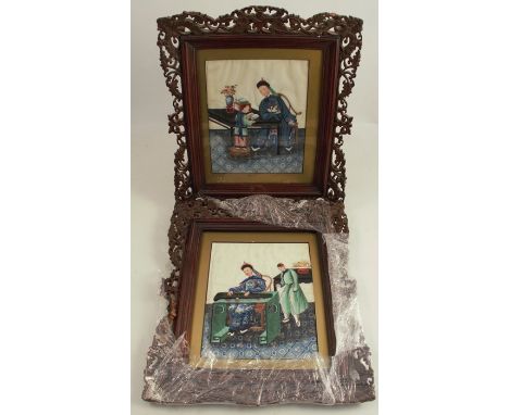 A pair of Chinese watercolours on rice paper, figures reading or playing a musical instrument, 9.5ins x 7.5ins
