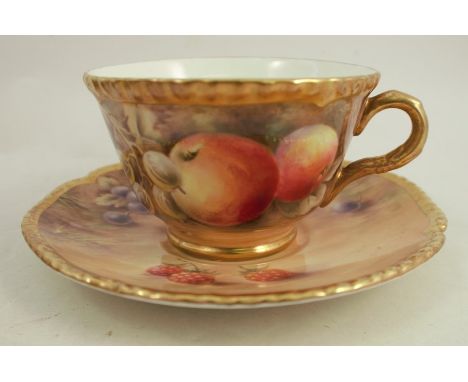 A Royal Worcester cup and saucer, decorated with fruit to a mossy background by P Love, dated 1952/3Condition Report:  Good c