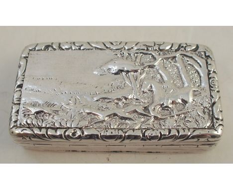 A Georgian silver snuff box, of rectangular form, the hinged cover embossed with a hunting scene, Birmingham 1826, weight 3oz