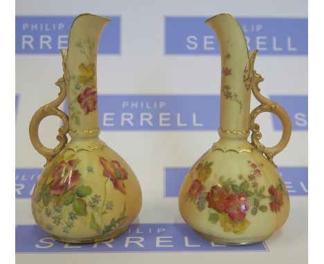 A pair of Royal Worcester blush ivory ewers, decorated with flowers, shape number 1143, dated 1899, height 6ins