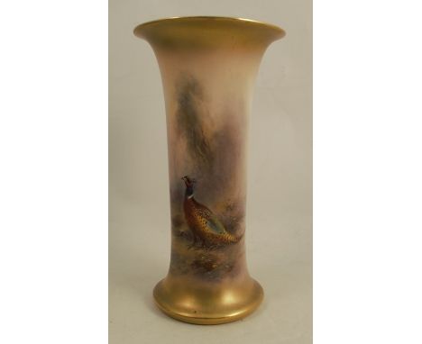 A Royal Worcester trumpet vase, hand painted with pheasants by Jas Stinton, signed, height 9insCondition Report:  Good condit