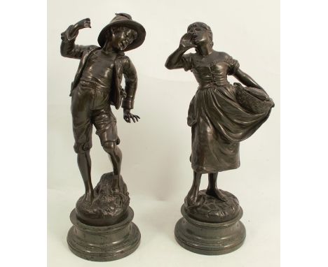 A pair of 19th century bronzes, a boy and girl playing, raised on marble bases, signed Mayer, heights 10.5ins
