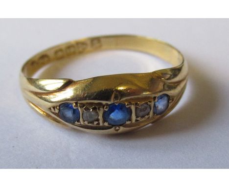 A five stone sapphire and rose diamond 18 carat gold ring, Chester 1919, finger size N 1/2, 1.9 g gross