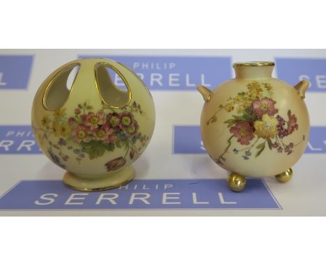 A Royal Worcester blush ivory vase, decorated with flowers, shape number 415, dated 1899, height 3.5ins, together with anothe