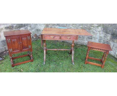 A modern oak joint stool, with carved frieze, 19ins x 10ins, height 19.5ins, together with a modern oak cabinet, with carved 