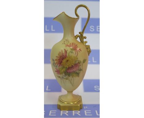 A Royal Worcester blush ivory ewer, decorated with flowers, shape number 1944, dated circa 1906, height 7ins