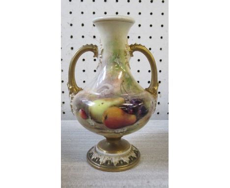 A Royal Worcester two handled vase, painted with fruit on mossy ground, signed Ricketts, af, height 6.75insCondition Report: 