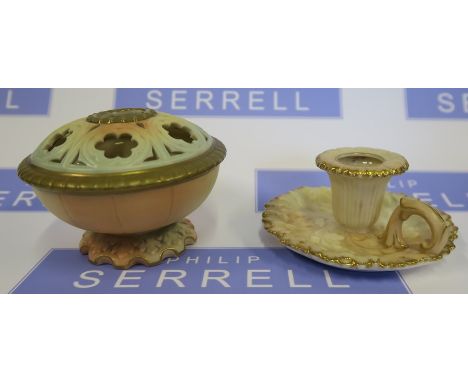 A Locke &amp; Co, Worcester blush ivory pot pourri, height 3ins, together with a Locke and Co blush ivory chamberstick, with 