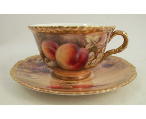 A Royal Worcester cup and saucer, decorated with fruit to a mossy background by P Love, dated 1953Condition Report:  Good con