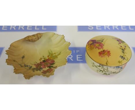 A Royal Worcester blush ivory covered patch box, decorated with flowers, dated 1907, diameter 3ins, together with a&nbsp;Roya
