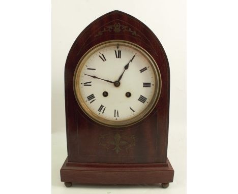 A 19th century mahogany cased mantel clock, with white enamel dial, the chiming movement stamped Samuel Marti, height 13.75in