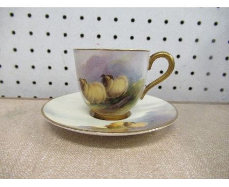 A Royal Worcester miniature cup and saucer, decorated with sheep in a highland landscape by E Barker, signed, the cup having 