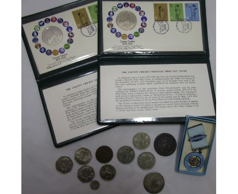 John Pinches, two silver commemorative First Day cover medals, County Cricket 1873-1973, together with a Cambrian Lodge 1821 