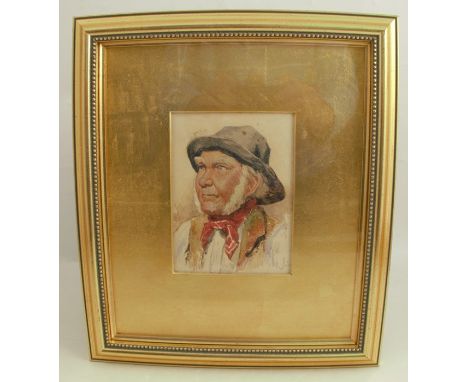 Walter Langley, watercolour, portrait of a fisherman, monogrammed by the artist, 6ins x 4.25ins