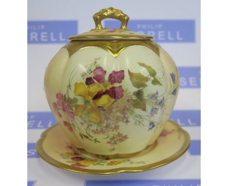 A Royal Worcester blush ivory covered cracker barrel and stand, decorated with flowers, dated 1901Condition Report:  Scratch 