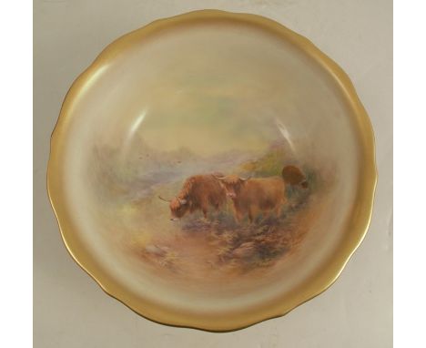 A Royal Worcester Bennett bowl, the interior decorated with three Highland cattle in a highland landscape, diameter 9insCondi