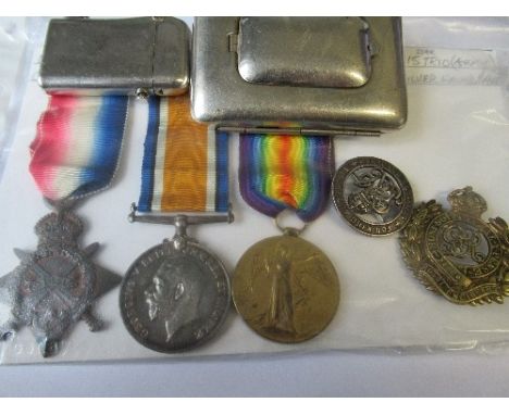 Sapper C H Lang, Royal Engineers15 Star Trio with cap badge, cigarette case, vesta and lighter and Silver Wounded badge